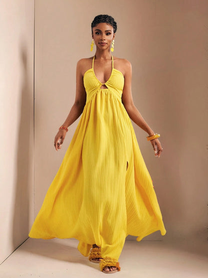 Zivah Women's Pale Yellow Summer Boho Tropical Holiday Vacation Halter Neck Strapless High Slit Extra Long Dress,Beach Vacation Casual Pastel Outfits,Spring