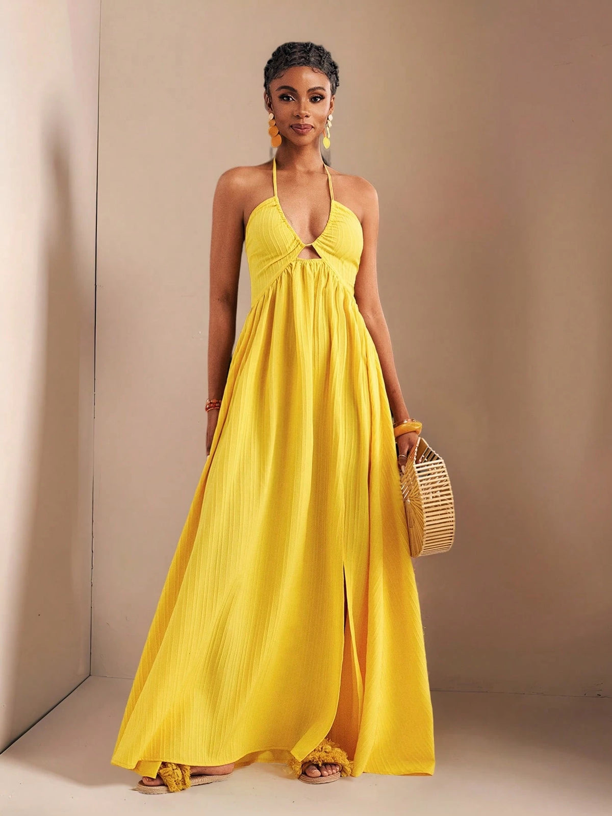 Zivah Women's Pale Yellow Summer Boho Tropical Holiday Vacation Halter Neck Strapless High Slit Extra Long Dress,Beach Vacation Casual Pastel Outfits,Spring