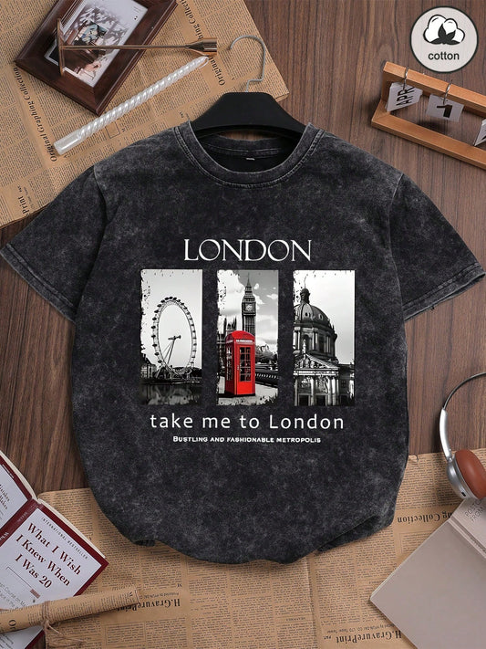 ZZG Cotton Summer Women's Casual Funny Print Graphic Tee, Korean Retro Chic Street Style Y2K Commuter, Niche Punk Black Round Neck Short Sleeve Washed T-Shirt