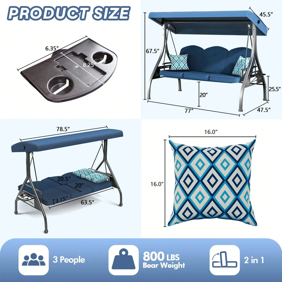 ZZW 3 Seat Outdoor Porch Patio Swing With Stand 800lbs 2-In-1 Convertible Swing Bed With Adjustable Canopy & Removable Cushion For Yard Garden Deck