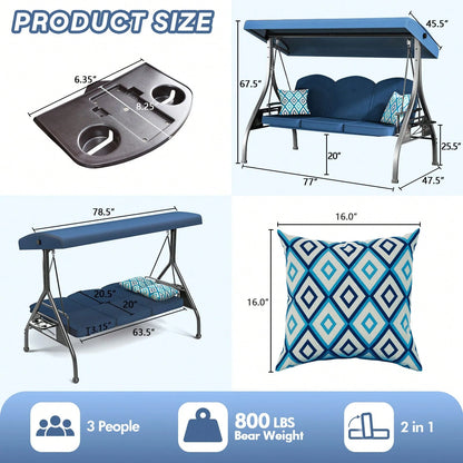 ZZW 3 Seat Outdoor Porch Patio Swing With Stand 800lbs 2-In-1 Convertible Swing Bed With Adjustable Canopy & Removable Cushion For Yard Garden Deck