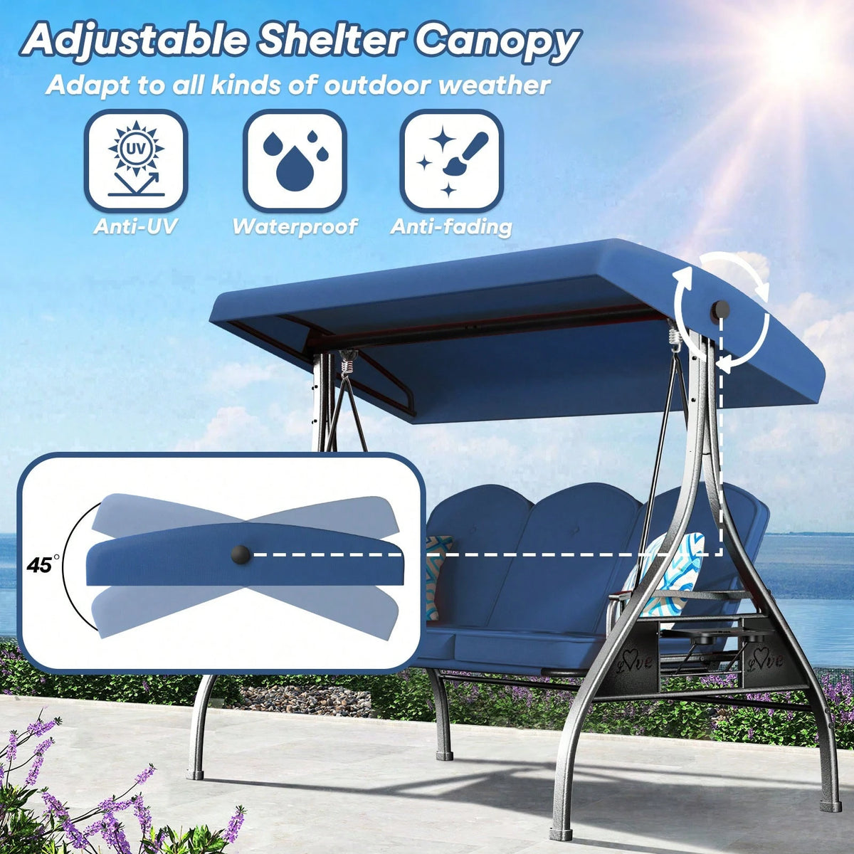 ZZW 3 Seat Outdoor Porch Patio Swing With Stand 800lbs 2-In-1 Convertible Swing Bed With Adjustable Canopy & Removable Cushion For Yard Garden Deck