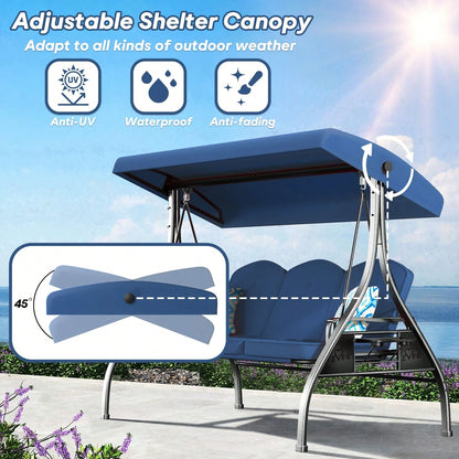 ZZW 3 Seat Outdoor Porch Patio Swing With Stand 800lbs 2-In-1 Convertible Swing Bed With Adjustable Canopy & Removable Cushion For Yard Garden Deck
