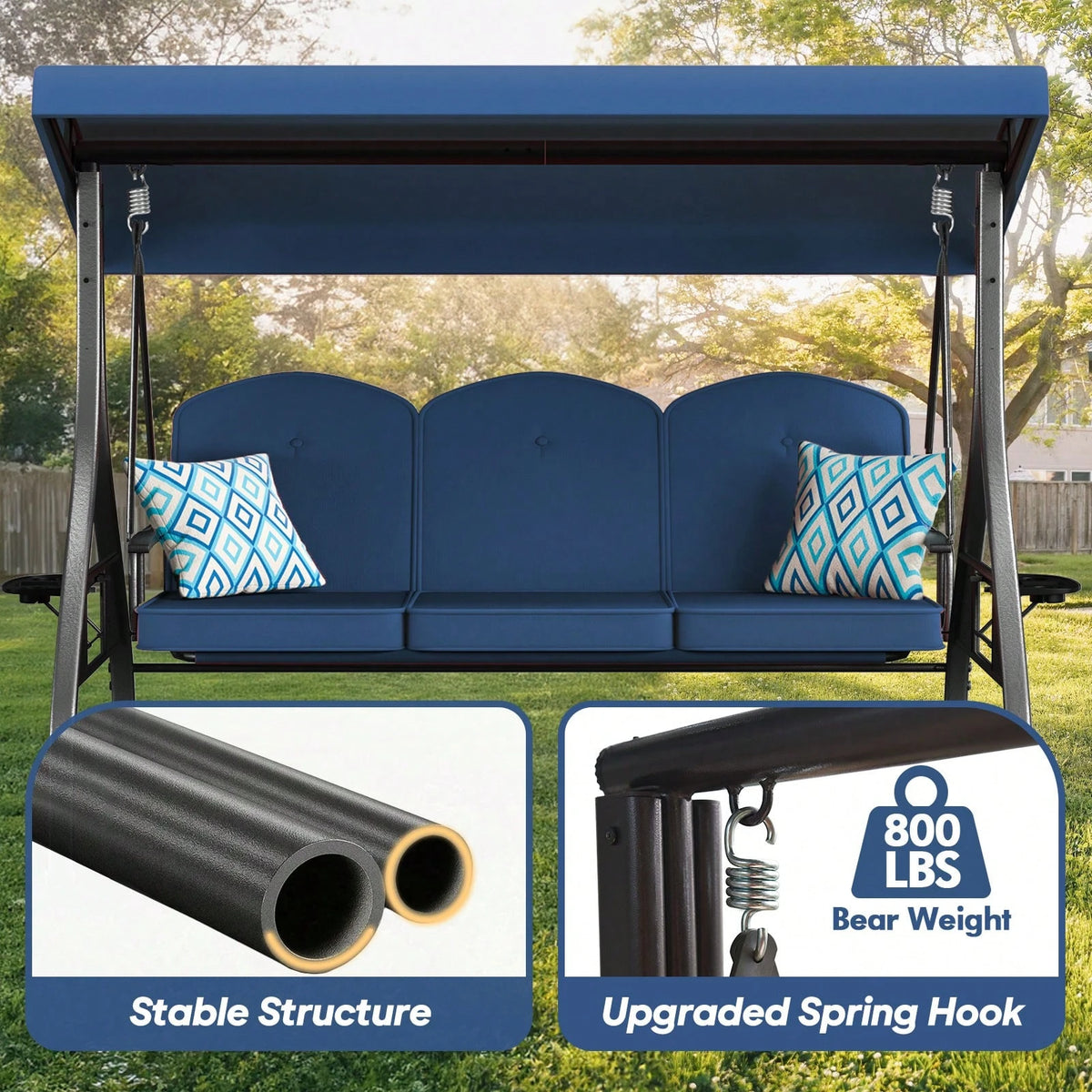 ZZW 3 Seat Outdoor Porch Patio Swing With Stand 800lbs 2-In-1 Convertible Swing Bed With Adjustable Canopy & Removable Cushion For Yard Garden Deck