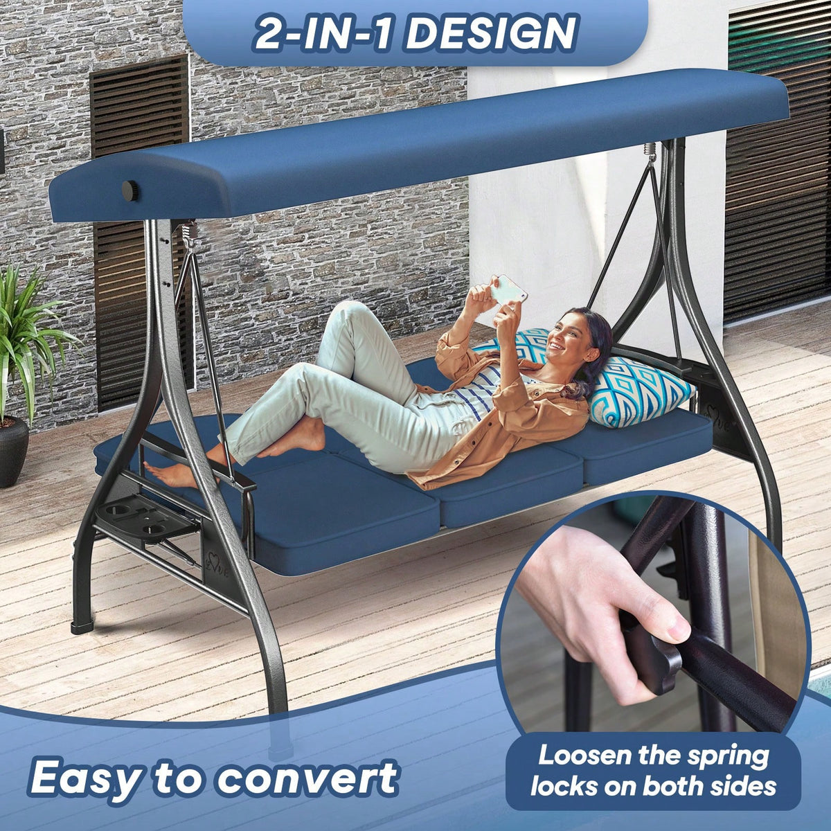 ZZW 3 Seat Outdoor Porch Patio Swing With Stand 800lbs 2-In-1 Convertible Swing Bed With Adjustable Canopy & Removable Cushion For Yard Garden Deck