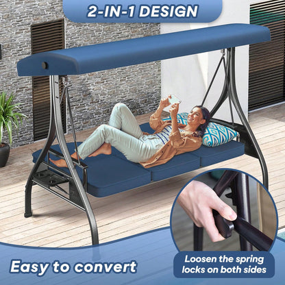 ZZW 3 Seat Outdoor Porch Patio Swing With Stand 800lbs 2-In-1 Convertible Swing Bed With Adjustable Canopy & Removable Cushion For Yard Garden Deck