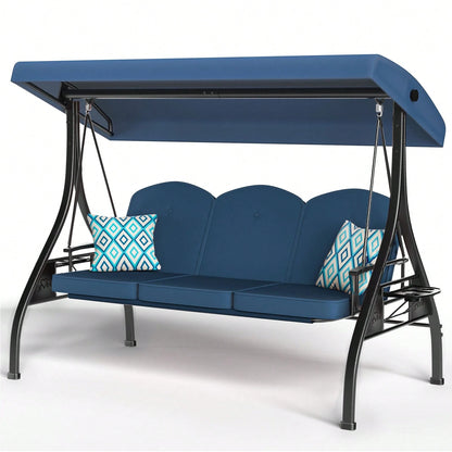 ZZW 3 Seat Outdoor Porch Patio Swing With Stand 800lbs 2-In-1 Convertible Swing Bed With Adjustable Canopy & Removable Cushion For Yard Garden Deck